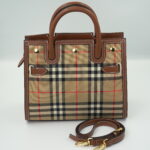 BURBERRY Brown Leather Vintage Check Canvas Baby Title Tote Bag  High Quality