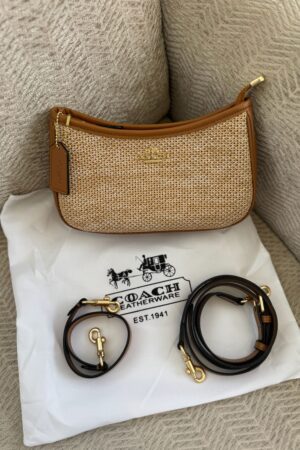 COACH Teri Shoulder Bag Crossbody Straw Smooth Leather